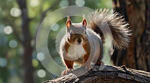 Watercolor painting: A playful squirrel scampering up a tree trunk, its bushy tail flicking as it leaps from branch to branch in photo