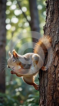 Watercolor painting: A playful squirrel scampering up a tree trunk, its bushy tail flicking as it leaps from branch to branch in photo