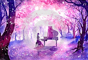 Watercolor Painting - Playing piano under blossom cherry tree