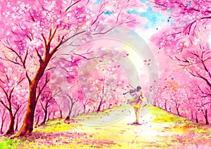 Watercolor Painting - Playing violin under blossom cherry tree