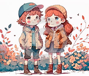 Watercolor painting, portrait of two schoolkids, anime characters, boy and girl, nursery art