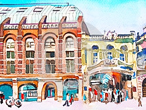 watercolor painting poster of Piccadilly street of London, sketc photo