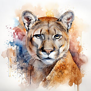 Watercolor painting of a puma, Panthera Puma, on white background generative AI Generative AI