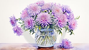 Watercolor Painting Of Purple Chrysanthemums In Glass Vase