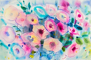 Watercolor painting purple,pink flowers color of morning glory photo