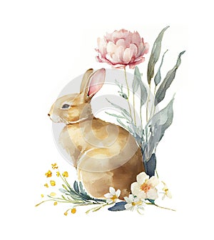 Watercolor painting of rabbit floral corner vignette