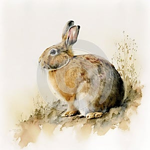 a watercolor painting of a rabbit sitting on the ground. generative ai