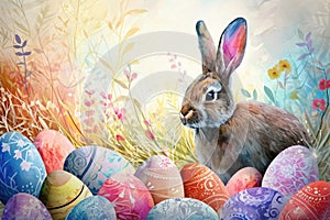 A watercolor painting of a rabbit surrounded by Easter eggs in nature