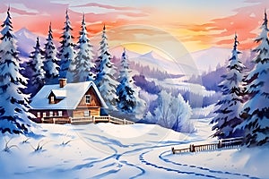 Watercolor painting realistic Fantastic winter landscape.