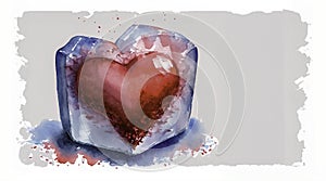 Watercolor painting Red heart frozen inside an tranparent ice block.( Ai generated )