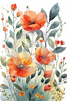 Watercolor Painting of Red and Orange Flowers