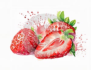 Watercolor painting of red strawberries with green leaves, exuding freshness and artistry