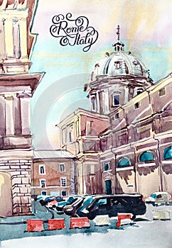 Watercolor painting of Rome Italy famous landmark, old italian i