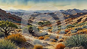 Watercolor painting: A rugged chaparral biome, with rolling hills, drought-resistant shrubs, and animals like coyotes, bobcats, photo