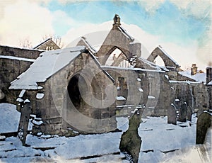 Watercolor painting of the ruined medieval church in heptonstall in west yorkshire covered in snow in winter with a blue sky