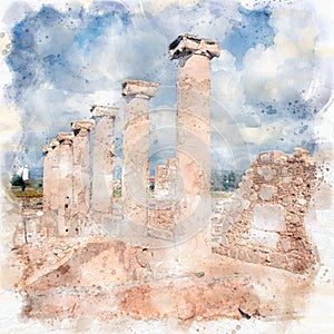 Watercolor painting of ruined walls and columns in the house of theseus in paphos cyprus with the historic lighthouse in the