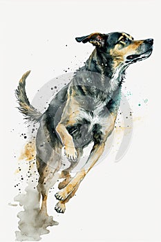 Watercolor painting of a runnig dog from side photo