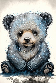 Watercolor painting of sad teddy bear, abandoned toy sitting in the snow