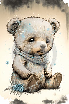 Watercolor painting of sad teddy bear, abandoned toy sitting in the snow