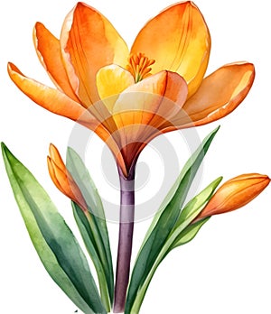 Watercolor painting of a Saffron Crocus (Crocus sativus) flower. AI-Generated.