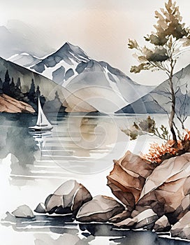 Watercolor painting of a sailboat in a lake with mountains