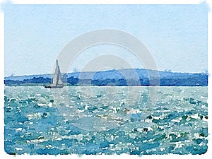 Watercolor painting of a sailing boat in the sea with sails up a