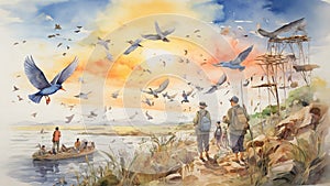 Watercolor painting: A scene depicting bird migration and conservation efforts, with people creating safe stopover sites and photo