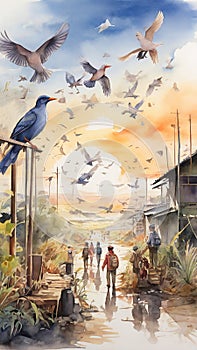 Watercolor painting: A scene depicting bird migration and conservation efforts, with people creating safe stopover sites and photo