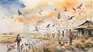 Watercolor painting: A scene depicting bird migration and conservation efforts, with people creating safe stopover sites and photo