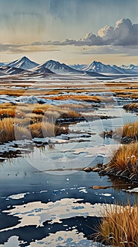 Watercolor painting: A scene depicting the effects of climate change on the tundra ecosystem, with melting ice, shifting photo