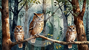 Watercolor painting: A scene of forest birds, such as a family of owls perched on a branch, or a flock of songbirds flitting among photo