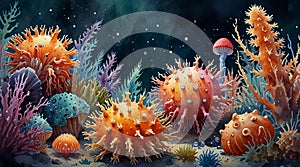 Watercolor painting: A scene of marine invertebrates, such as colorful nudibranchs, delicate jellyfish, and spiky urchins, photo
