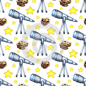 Watercolor painting seamless pattern with a telescope on a tripod for observing space, stars and planets of the solar system.