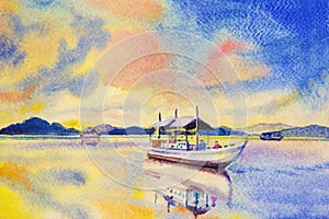 Watercolor painting seascape colorful sky of fishing boat