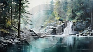 Watercolor Painting Of A Serene Pine Forest Waterfall