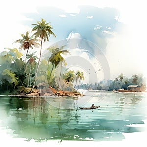 Watercolor Painting Of A Serene River With Boat And Palm Trees