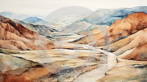 Watercolor Painting Of Serene Valley With Road - Contemporary Middle Eastern And North African Art