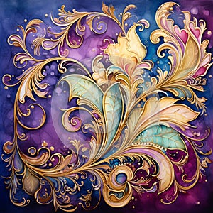 Watercolor painting showcasing 'Gilded Splendor' with opulent golden patterns and vibrant jewel tones