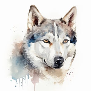 Watercolor painting of a Siberian Husky on white background. Al generated