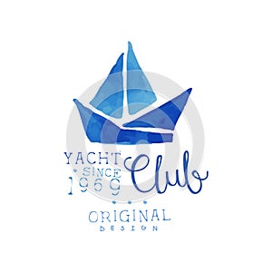Watercolor painting with silhouette of sailboat. Original hand drawn emblem for yacht club. Marine theme. Sea adventure photo