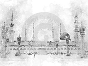 watercolor painting sketch black and white of a green mosque with a green dome, prophet mosque in medina, saudi arabia photo