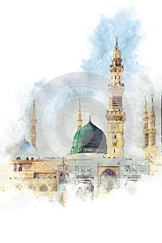 watercolor painting sketch of a green mosque with a green dome, prophet mosque in medina, saudi arabia photo