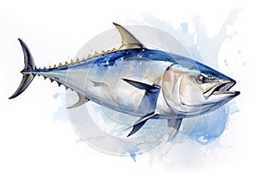 Watercolor painting of skipjack tuna on white background. Fish. Food. Undersea animals.
