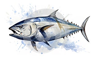 Watercolor painting of skipjack tuna on white background. Fish. Food. Undersea animals.