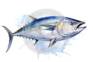 Watercolor painting of skipjack tuna on white background. Fish. Food. Undersea animals. Illustration, Generative AI