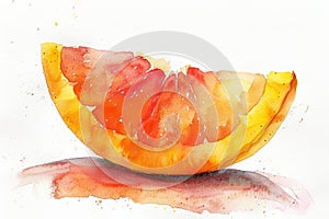 A watercolor painting of a slice of grapefruit