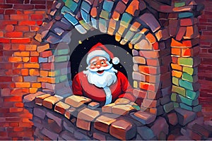 Watercolor painting of smiling Santa Claus santa claus in the chimney.