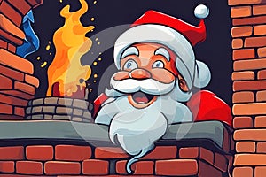 Watercolor painting of smiling Santa Claus santa claus in the chimney.