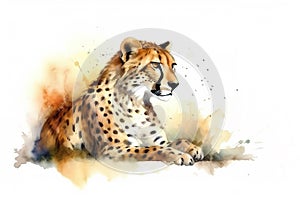 Watercolor painting of a spotted cheetah on a white background. Wildlife Animals. Illustration, generative AI