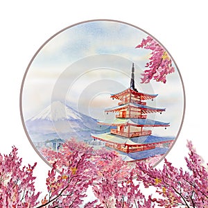 Watercolor painting spring with landmarks in Japan